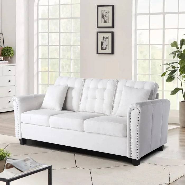 85.2" Modern 3 Seat Classic Modern Sofa with 2 Pillows, White Tufted Couch for Living Room