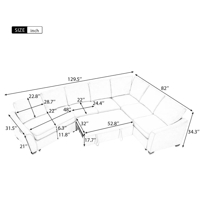 129.5" Sectional Sleeper Sofa with Pull-Out Bed Modern L-Shape Couch Bed with USB Charging Port for Living room, Bedroom