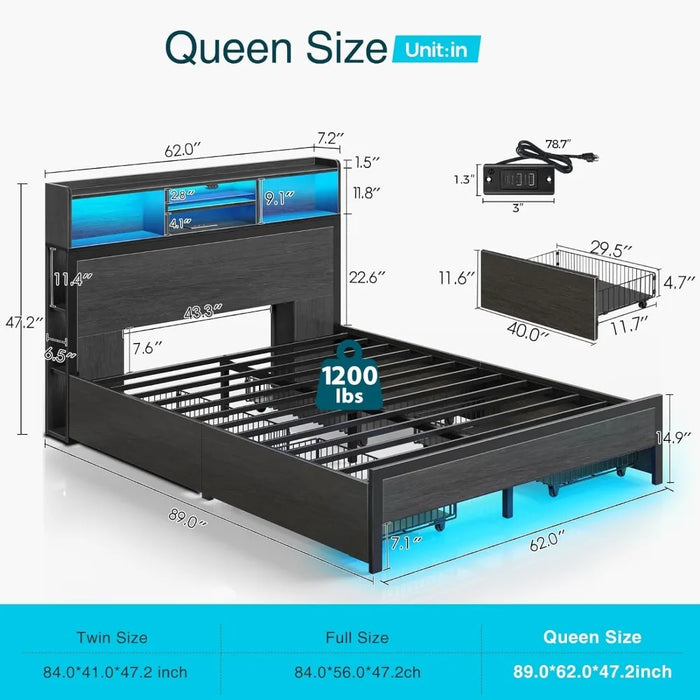 Rolanstar Queen Bed Frame with Storage Headboard, Metal Platform Charging Station, LED 4 Drawers, Bookcase Storage