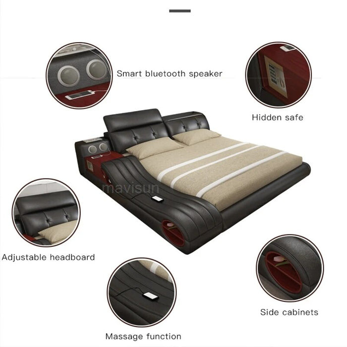 Modern Simple Genuine Leather Bedroom Queen Double Bed Light Luxury Multifunctional Upholstered Tatami Bed Massage Sofa Supplies