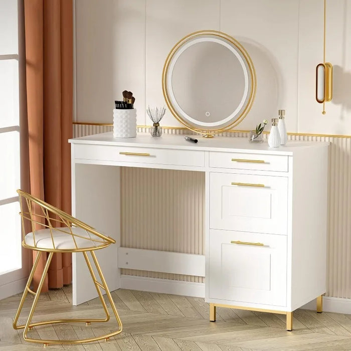 White Desk with 4 Drawers, White and Gold Computer Desk with Storage Drawer, 43” Writing Desk