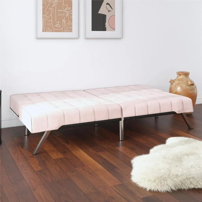 Futon With Chrome Legs, Pink Velvet，Living room sofa, can be opened as a living room sofa bed