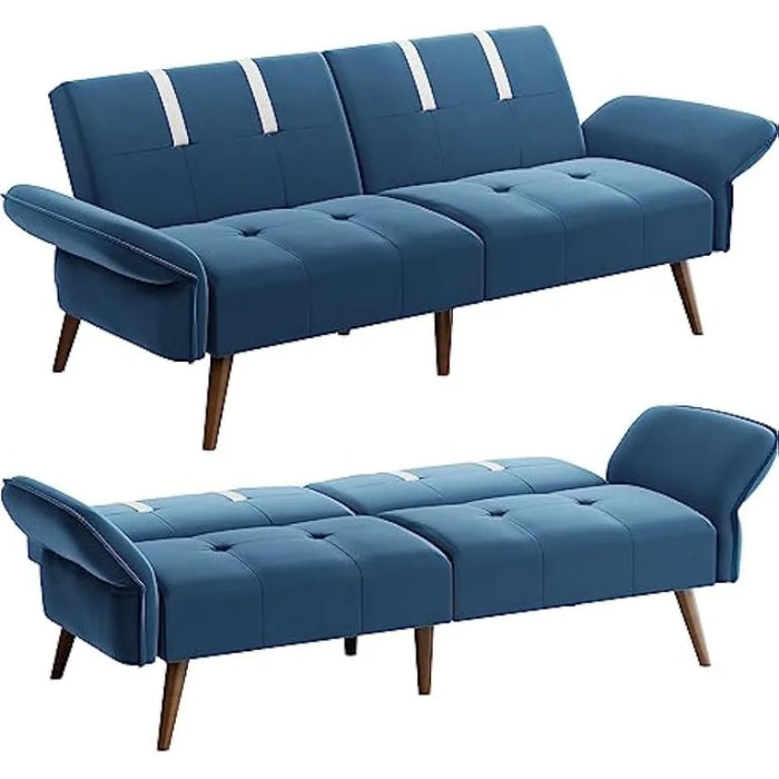 Velvet sofa bed, foldable sofa bed with adjustable armrest backrest, living room, apartment, office sofa, blue