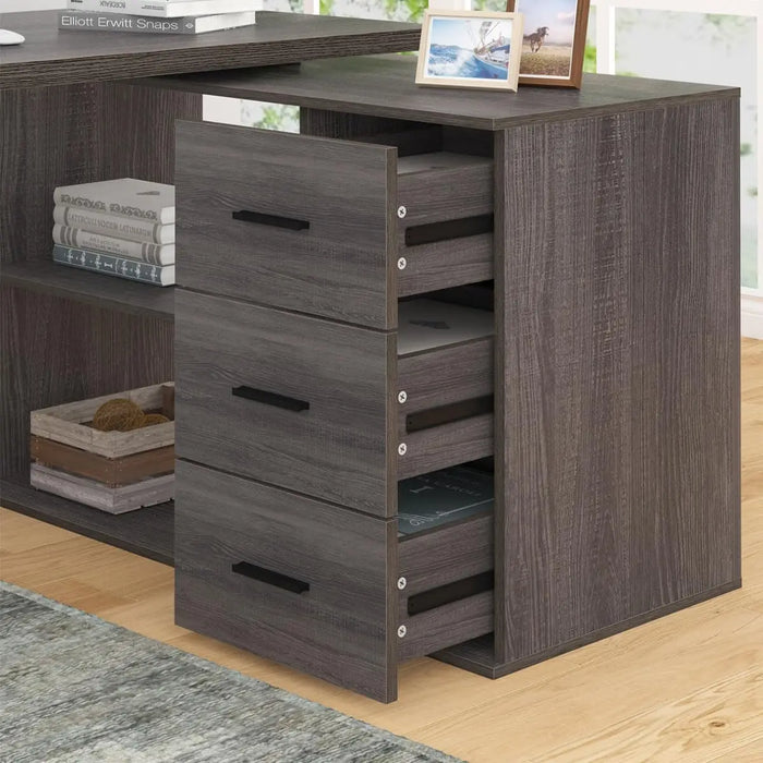 HSH L Shaped Computer Desk with Drawers, L Shaped Desk with Storage Cabinet Shelves, Large Reversible Corner Executive Home Offi