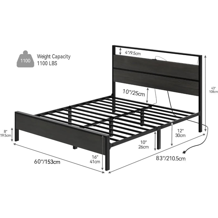 Queen bed frame, LED with 2 USB ports, sturdy metal slats support, platform bed frame with storage gap under the bed