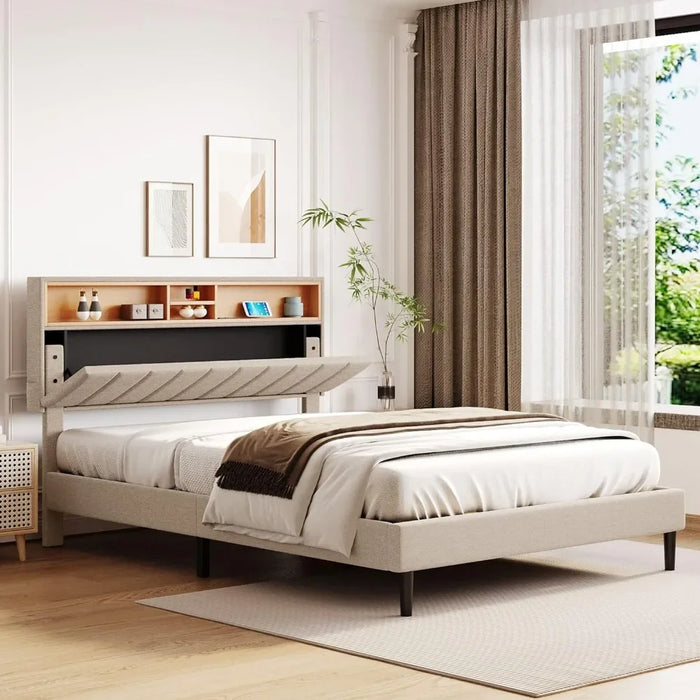 Bedroom furniture: modern upholstered platform bed with storage headboard and USB port, full, grey