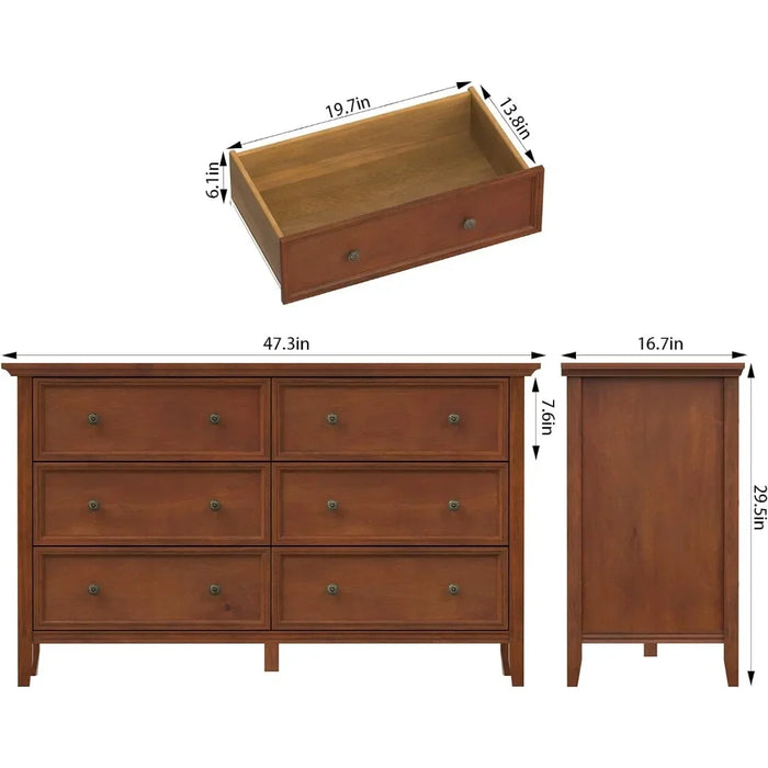 Dresser, 6 Drawer Wood Dresser, Solid Wood Chest of Drawers, Bedroom 6 Drawer Storage, Dresser