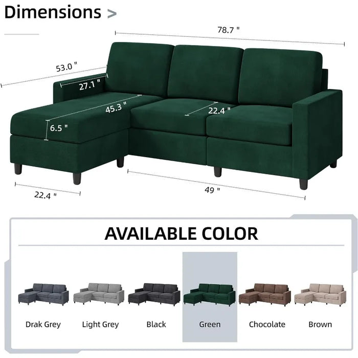 Shintenchi Convertible Sectional Sofa Couch, Modern Linen Fabric L-Shaped, 3-Seat Sofa Sectional with Reversible Chaise  (Green)