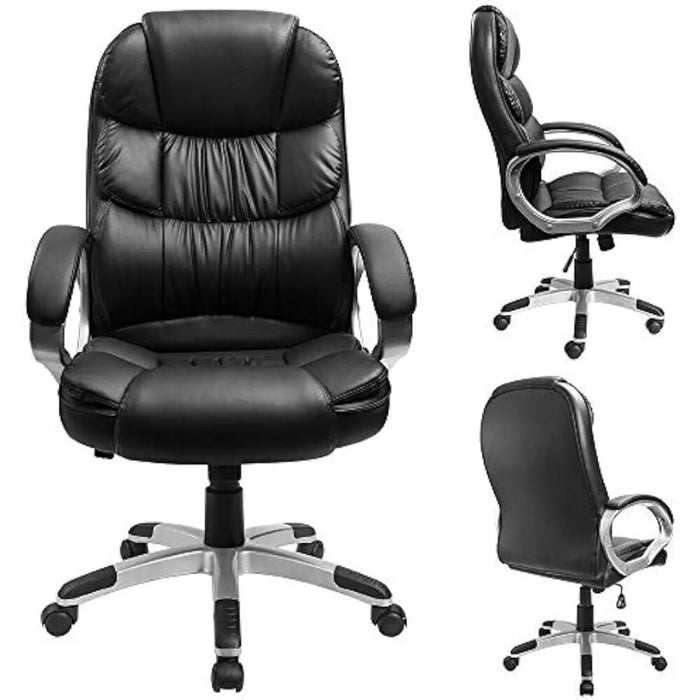 Leather High Back Office Chair Ergonomic Swivel Computer Desk Chair Lumbar Support Soft Cushioned Padded Arms, Computer Chair