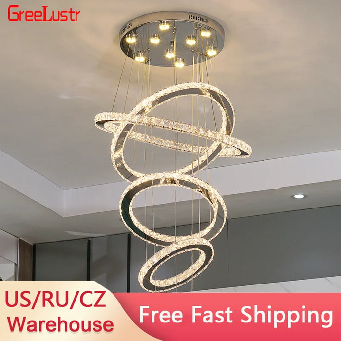 Luxury Diamond 3/5 Rings Circle k9 Crystal Led Chandelier Lighting Fixtures Lamparas Modernas Hanging Lamp Luminaria Lustres