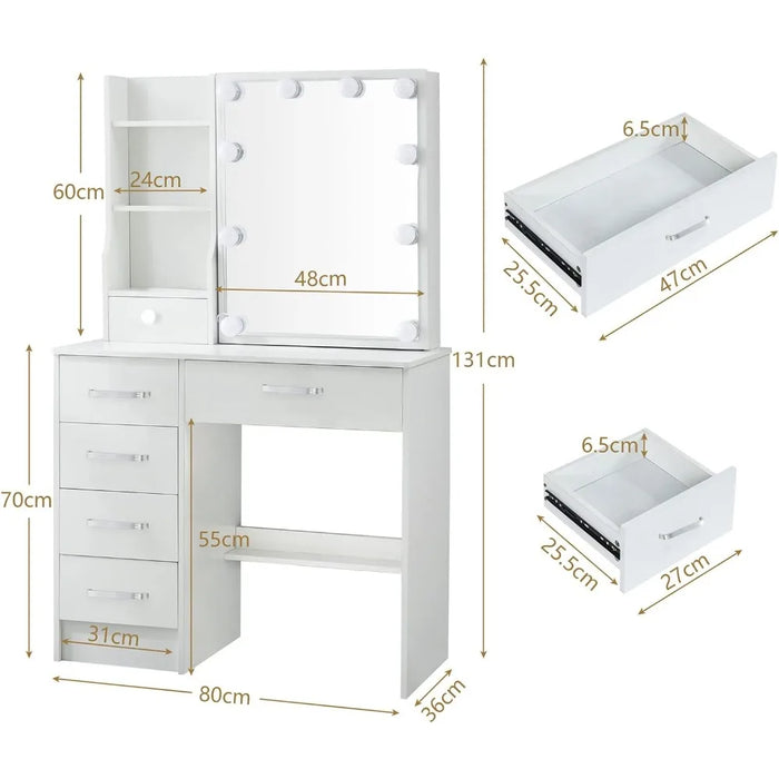 Vanity Desk Makeup Dressing Table LED Lighted Mirror Cushioned Stool Set 3 Color Lighting Modes 5 Drawers Adjustable Girls White