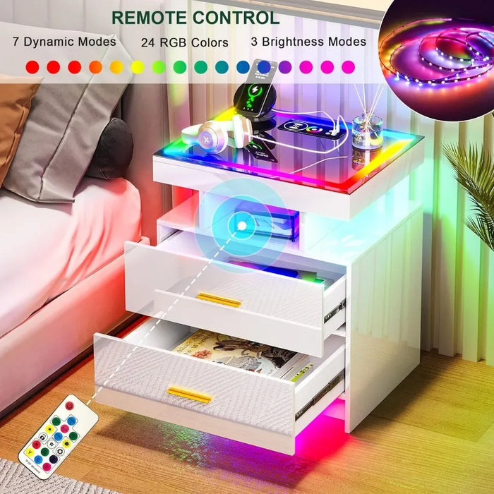 Furniture High Gloss Smart Night Stand With Drawer and RGB Dynamic Lighting Bedside Table Room Modern Bedside Tables for Bedroom