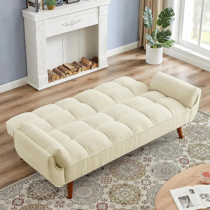 Modern Convertible Tufted Linen Upholstered Futon Sofa Daybed W/2 Pillows Luxury Sofa in the Living Room Overstuffed Comfy Home