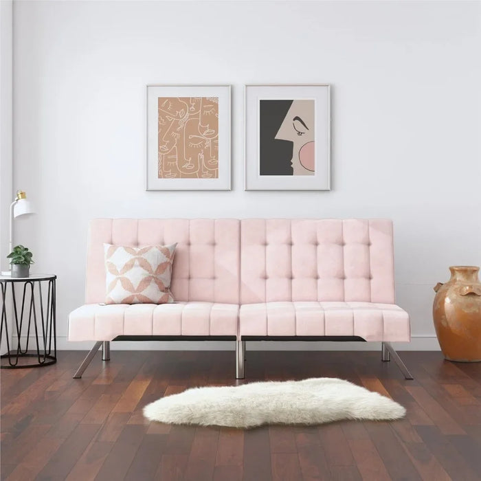 Futon With Chrome Legs, Pink Velvet，Living room sofa, can be opened as a living room sofa bed