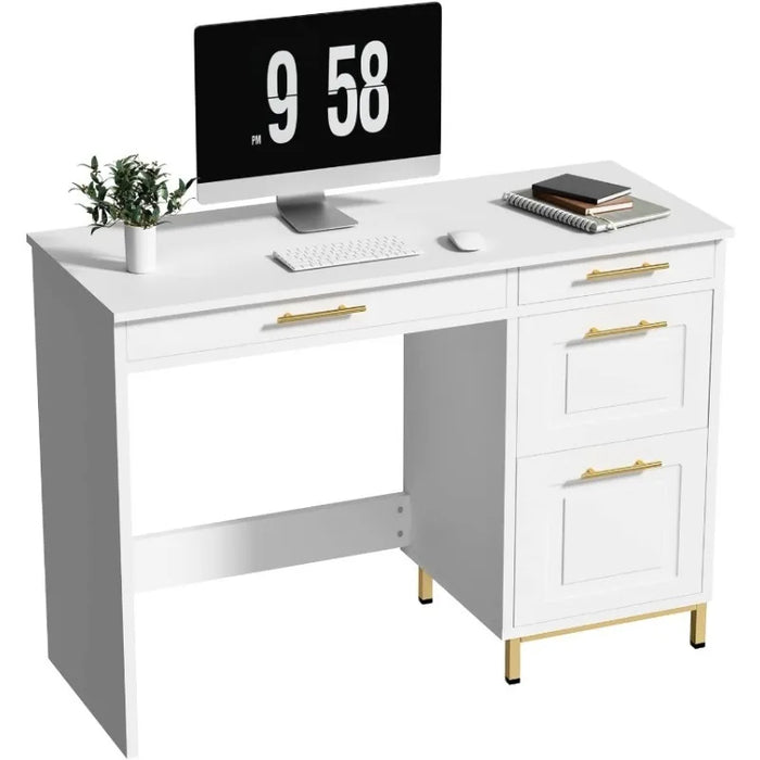 White Desk with 4 Drawers, White and Gold Computer Desk with Storage Drawer, 43” Writing Desk