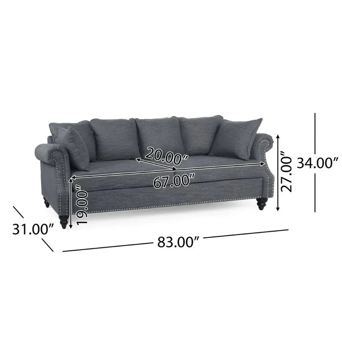 Fabric Pillow Back 3-Seater Sofa with Nailhead Trim, Charcoal and Dark Brown Sofas for Living Room