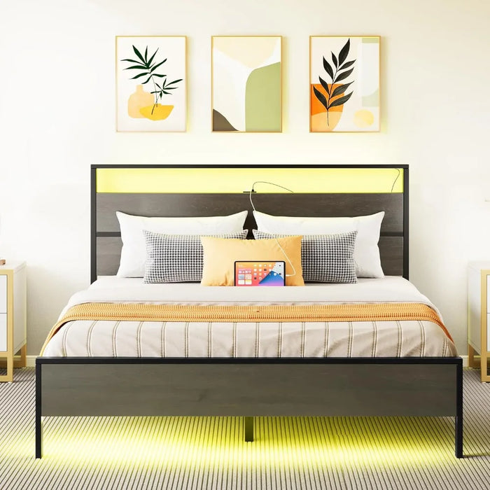 Queen bed frame, LED with 2 USB ports, sturdy metal slats support, platform bed frame with storage gap under the bed