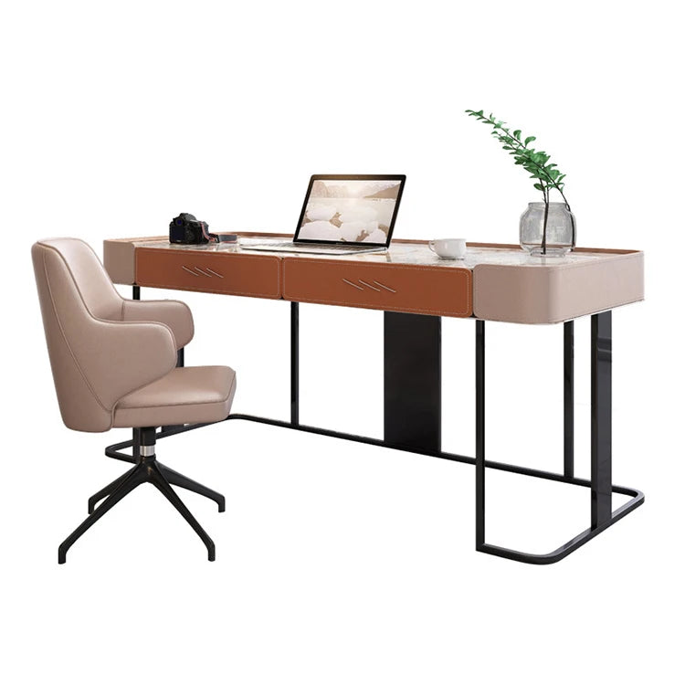 Modern home executive office desk resin table top saddle leather golde ...