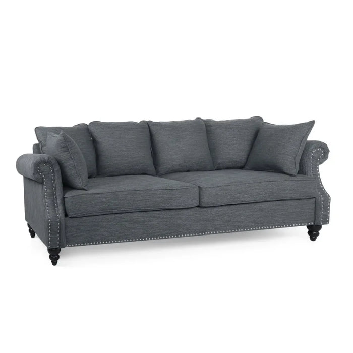 Luxury Modern Sofa, Fabric Pillow Back, 3-Seater with Nailhead Trim, Living Room Sofas, Charcoal and Dark Brown