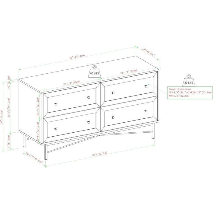 Walker Edison Morgan Contemporary Wood and Metal 4 Drawer Chest with Gold Accents, 56 Inch, Dark Walnut and White Poplar