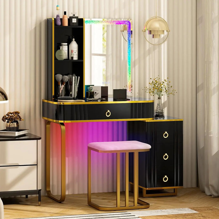 CHARMAID RBG LED Makeup Vanity Table, Colorful Lighted Mirror, 7 Dynamic & 7 Static Modes, 3-Drawer Chest, 3 Shelves,