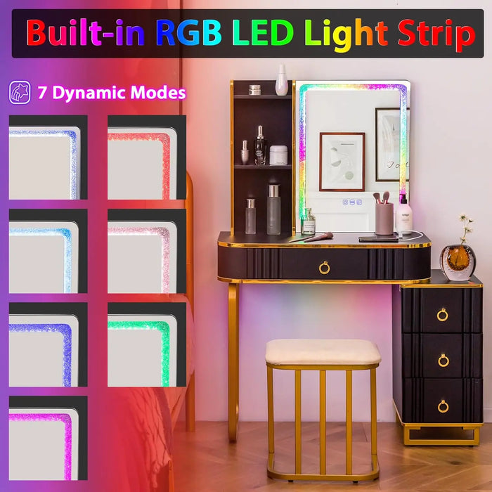 CHARMAID RBG LED Makeup Vanity Table, Colorful Lighted Mirror, 7 Dynamic & 7 Static Modes, 3-Drawer Chest, 3 Shelves,