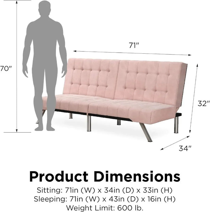 Futon With Chrome Legs, Pink Velvet，Living room sofa, can be opened as a living room sofa bed