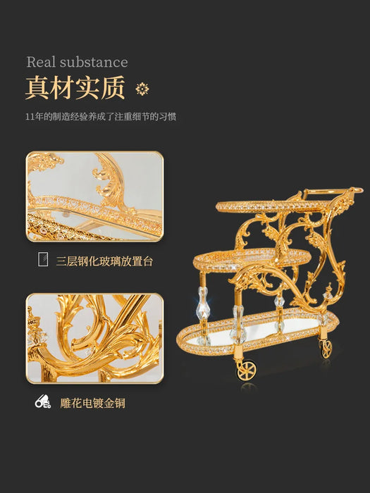 Five-star European hotel Crystal column metal glass plated gold wedding villa copper dining  trolley wine car