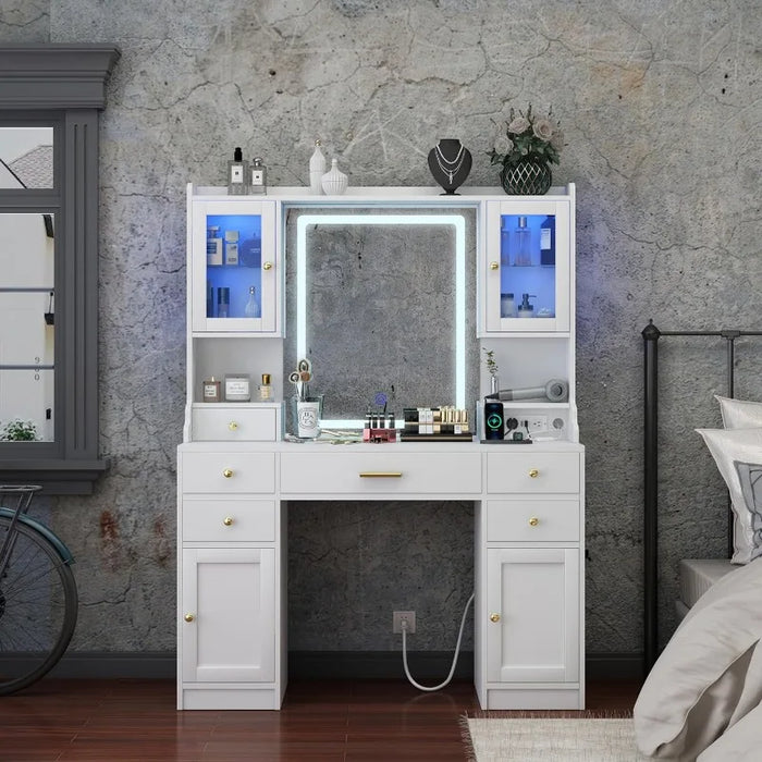 Large Make up Vanity Desk with Mirror and Lights,3 Lights Mode and Brightness Adjusted by Touch Button, Built-in Power Strip