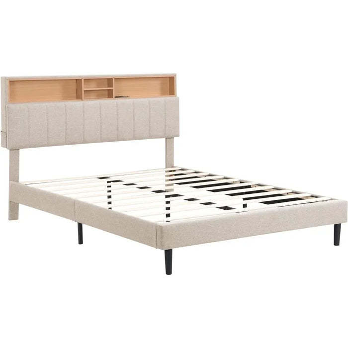 Bedroom furniture: modern upholstered platform bed with storage headboard and USB port, full, grey