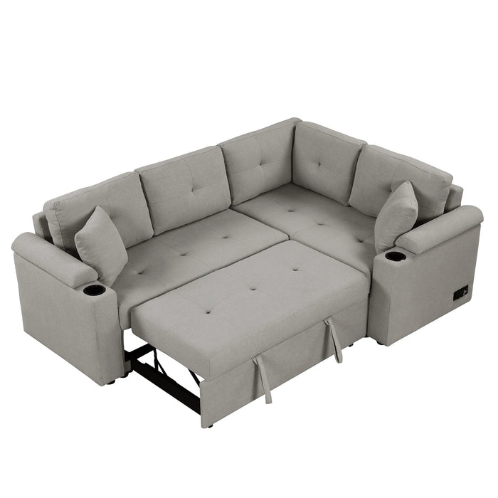 87.4" L-shape Sofa Bed Pull-out Sleeper Sofa with Wheels, USB Ports and Power Sockets for Living Room