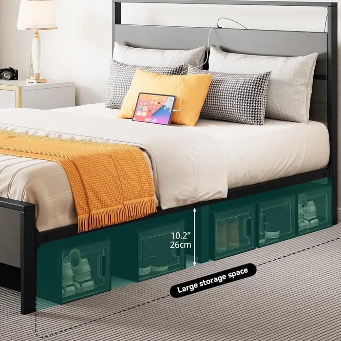 Queen bed frame, LED with 2 USB ports, sturdy metal slats support, platform bed frame with storage gap under the bed