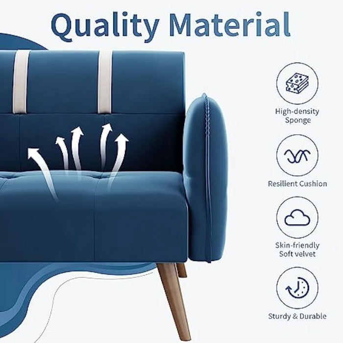 Velvet sofa bed, foldable sofa bed with adjustable armrest backrest, living room, apartment, office sofa, blue