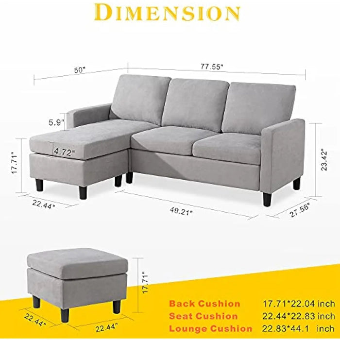 Convertible Sectional Sofa Couch, Modern Linen Fabric L-Shaped Couch 3-Seat Sofa Sectional with Reversible Chaise (Light Grey)