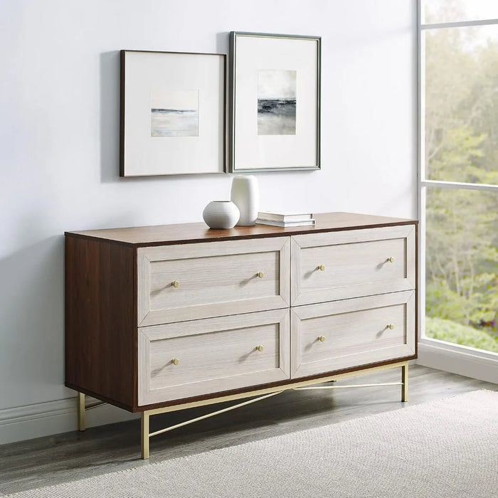 Walker Edison Morgan Contemporary Wood and Metal 4 Drawer Chest with Gold Accents, 56 Inch, Dark Walnut and White Poplar