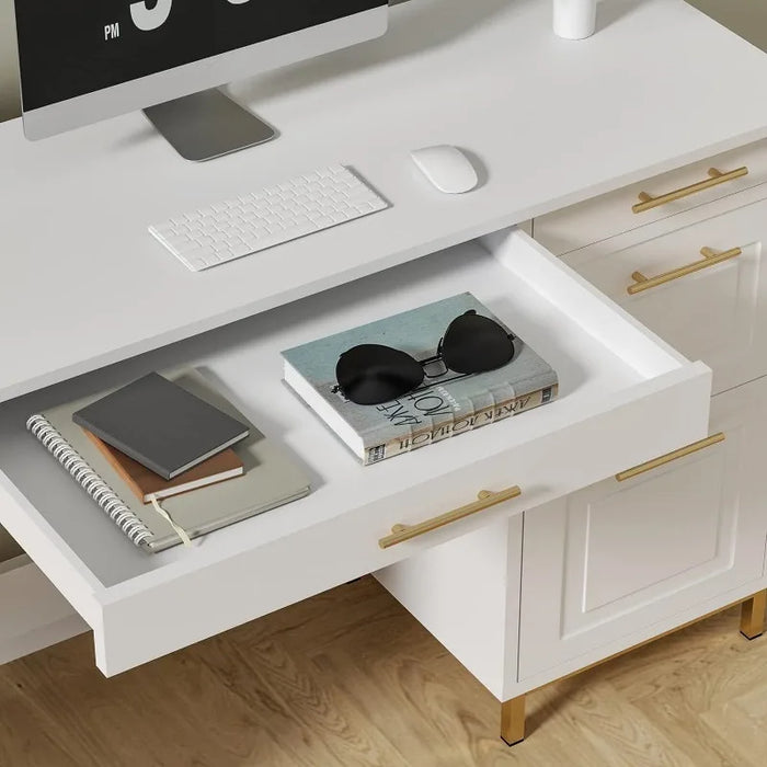 White Desk with 4 Drawers, White and Gold Computer Desk with Storage Drawer, 43” Writing Desk