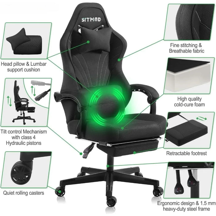 Gaming Chair,Big and Tall Gaming Chairs with Footrest,Ergonomic Computer Chair,Fabric Office Chairs with Lumbar Support,360