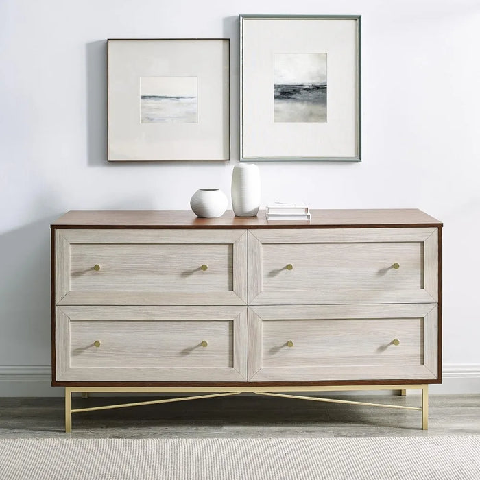 Walker Edison Morgan Contemporary Wood and Metal 4 Drawer Chest with Gold Accents, 56 Inch, Dark Walnut and White Poplar