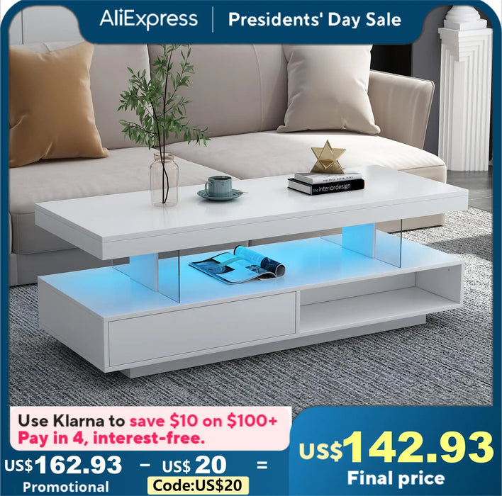 LED Coffee Table with Storage, Modern Center Table with 2 Drawers and Display Shelves, Accent Furniture with LED Lights