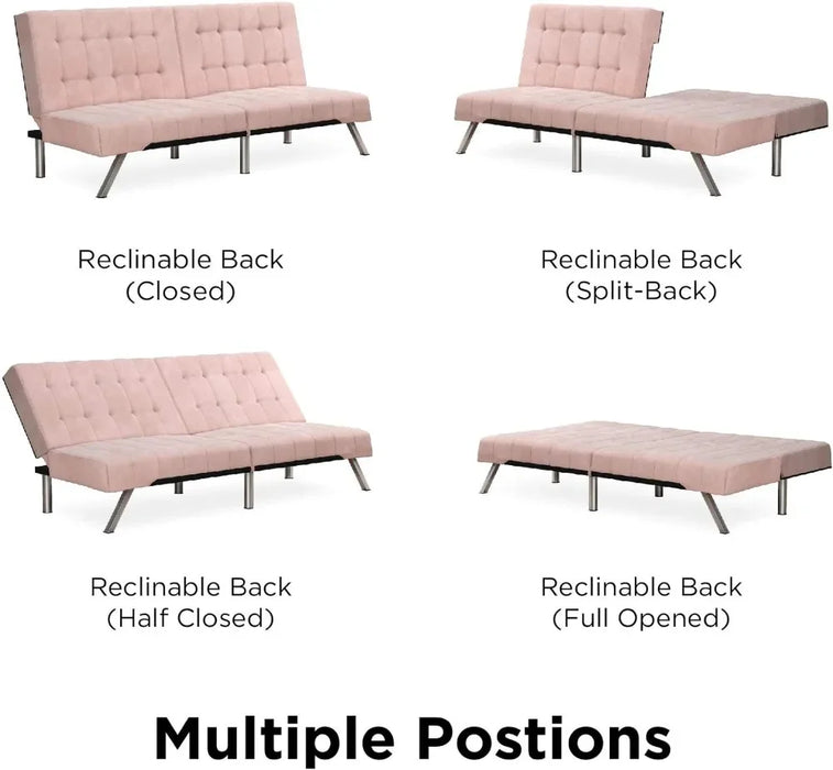 Futon With Chrome Legs, Pink Velvet，Living room sofa, can be opened as a living room sofa bed