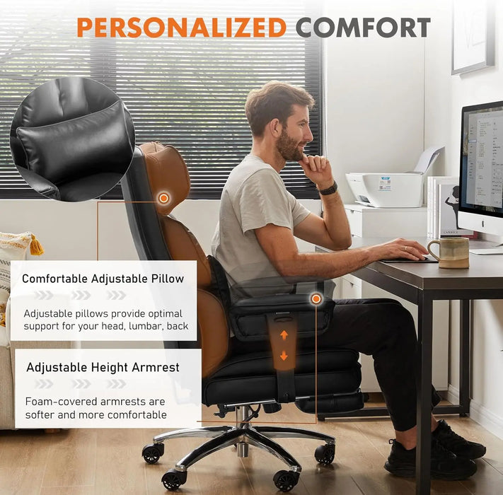 Sweetcrispy Home Office High Back Reclining Desk Chair with Footrest, Big and Tall Adjustable Height PU Leather Executive