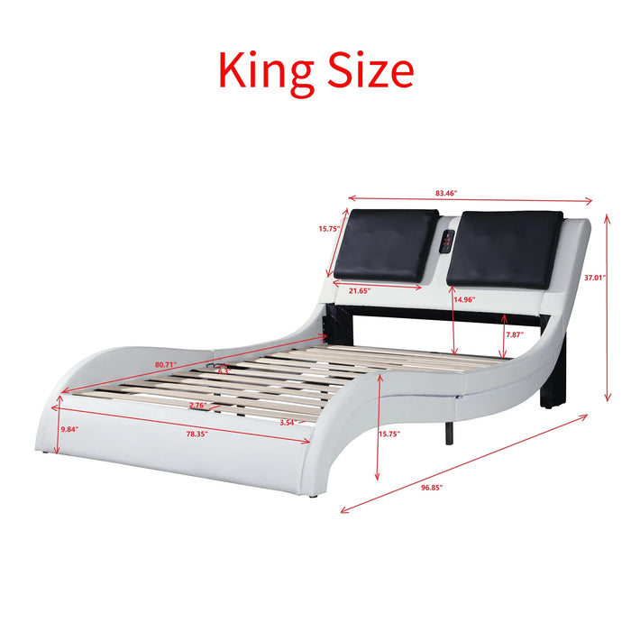 King/Queen Faux Leather Upholstered Platform Bed Frame W/Led Bluetooth Connection Play Music Control Backrest Vibration Massage