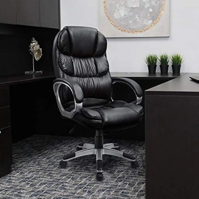 Leather High Back Office Chair Ergonomic Swivel Computer Desk Chair Lumbar Support Soft Cushioned Padded Arms, Computer Chair