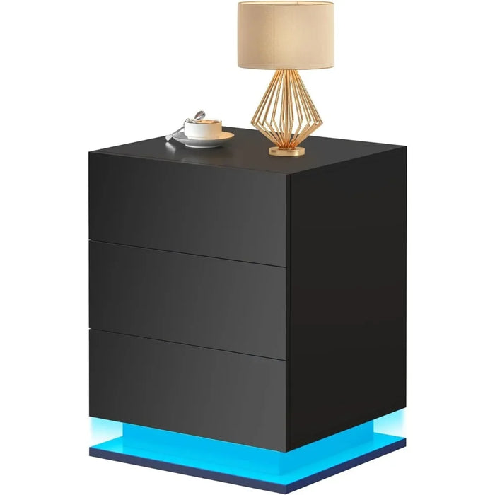 Bedside table with LED light, high-gloss nightstand with 3 drawers, high floating bedside table for bedroom