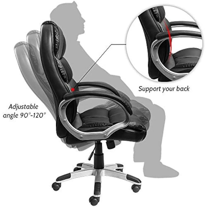 Leather High Back Office Chair Ergonomic Swivel Computer Desk Chair Lumbar Support Soft Cushioned Padded Arms, Computer Chair