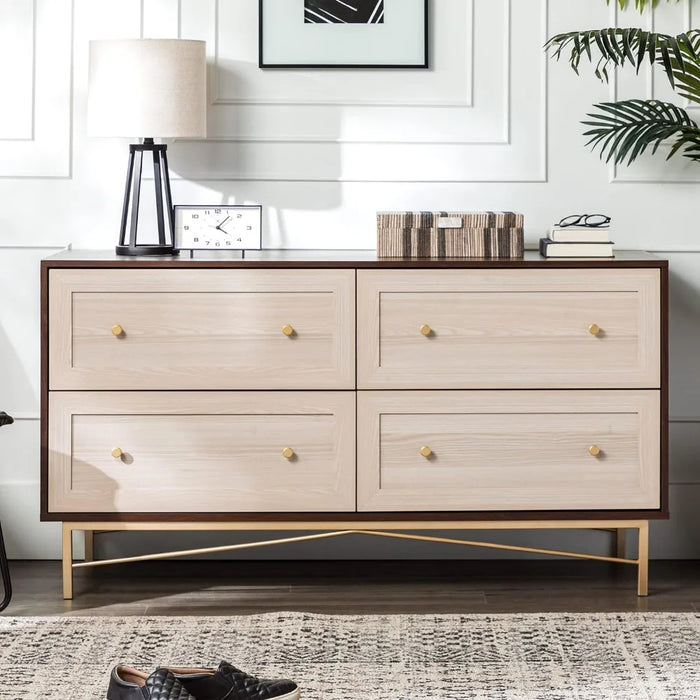 Walker Edison Morgan Contemporary Wood and Metal 4 Drawer Chest with Gold Accents, 56 Inch, Dark Walnut and White Poplar