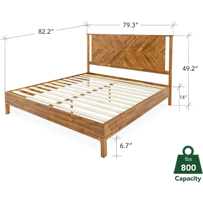 Luxury bed frame with headboard, rustic and Scandinavian style, solid acacia wood, sturdy wooden slatted support