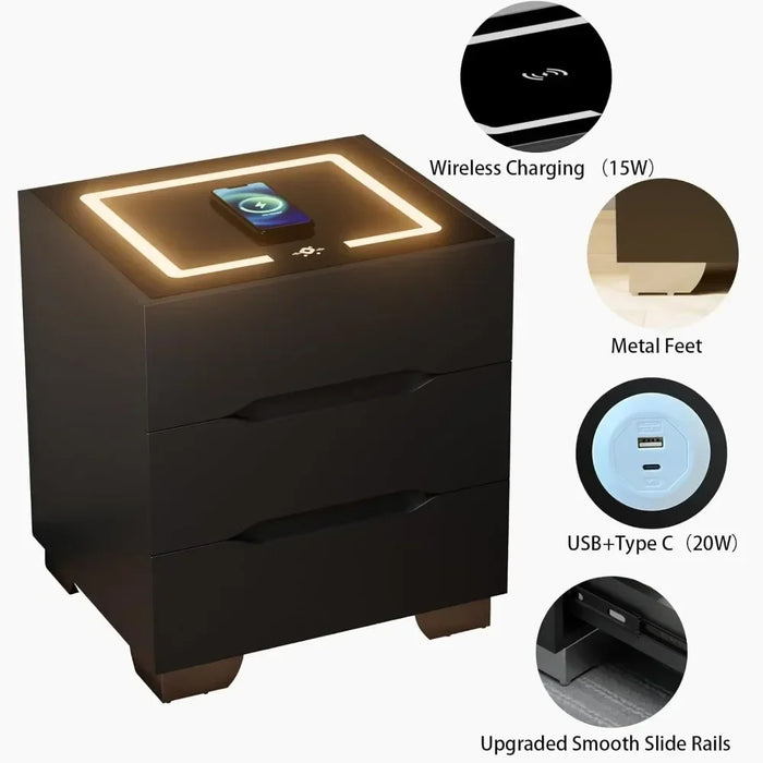 Nightstands Bedside Table with LED Lights, Charging Station and Smart Occupancy Sensor with Drawers for Bedroom Furniture