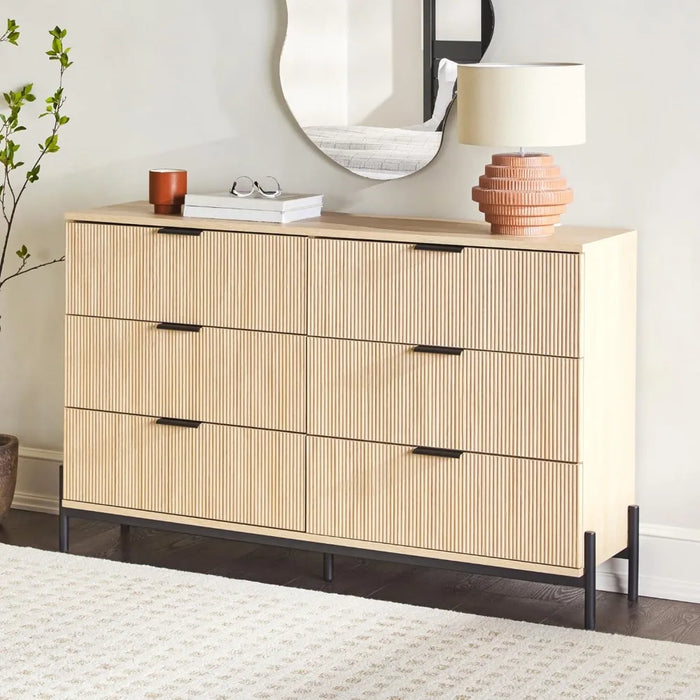 Modern 6 Chest With Reeded Drawer Fronts Dressing Table Coastal Oak Vanity Table for Makeup 56 Inch Toilet Furniture Makeup Desk