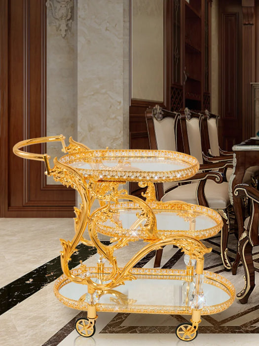 Five-star European hotel Crystal column metal glass plated gold wedding villa copper dining  trolley wine car